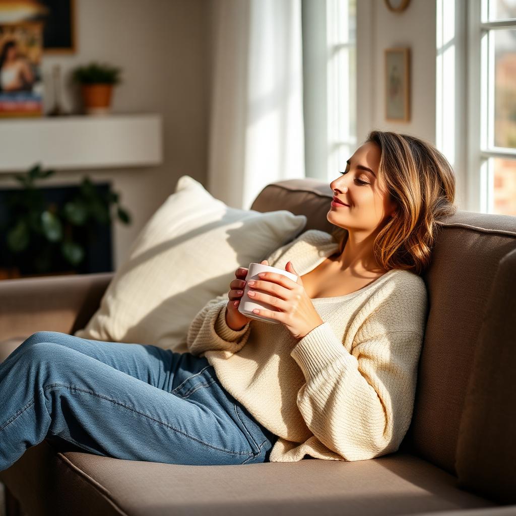 Woman relaxed on couch with coffee