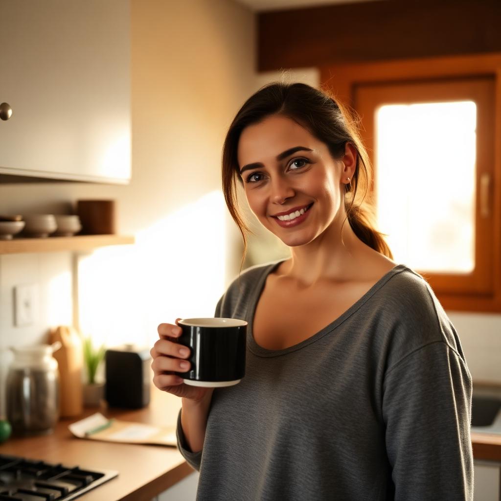 Woman in kitchen with coffee mug in morning light
